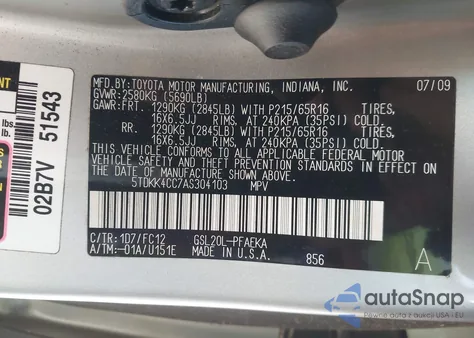 2010 Toyota Sienna Le из США, поврежденный, VIN 5TDKK4CC7AS304103